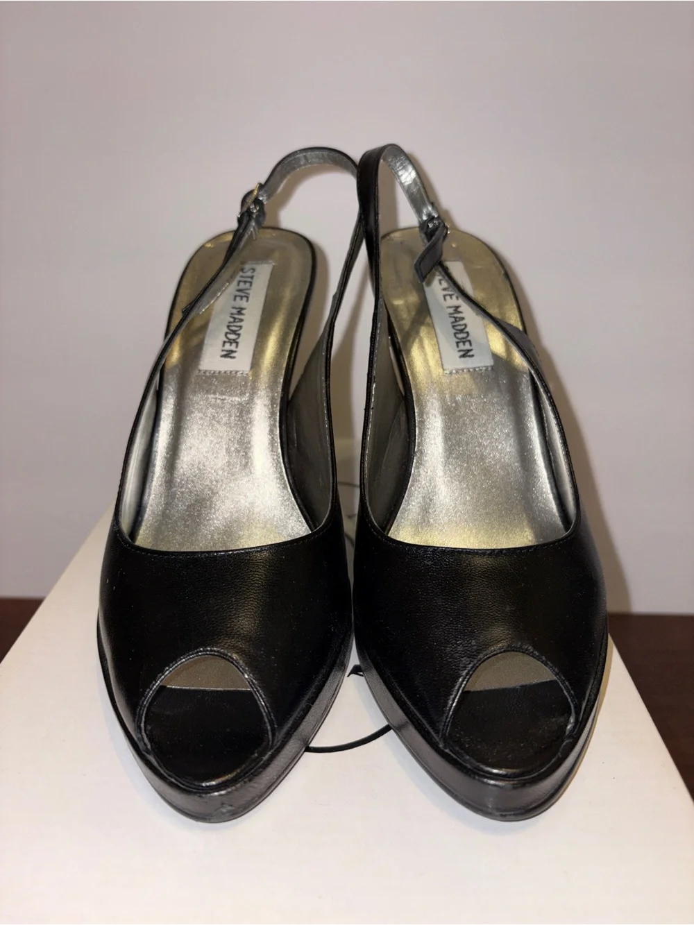 Steve Madden Black Peep Toe Slingback Platform Heels